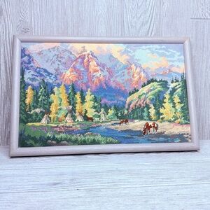 Vintage framed western cross stitched picture art 17.5 x 11 inches wood frame